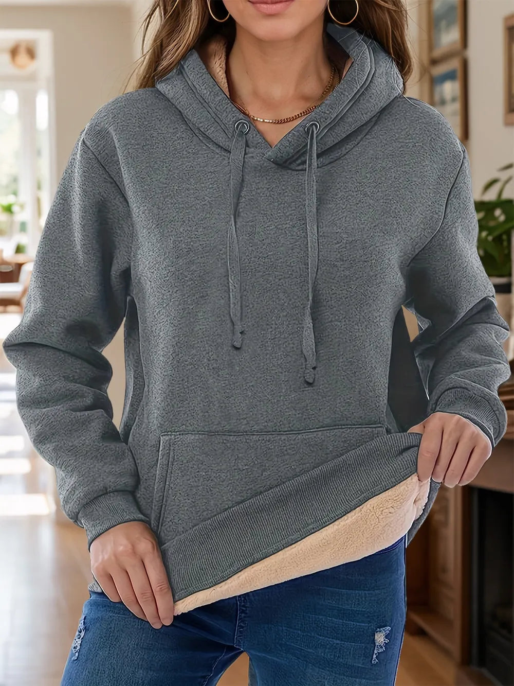 Drawstring Long Sleeve Hoodie with Kangaroo Pocket - Lilixa.store