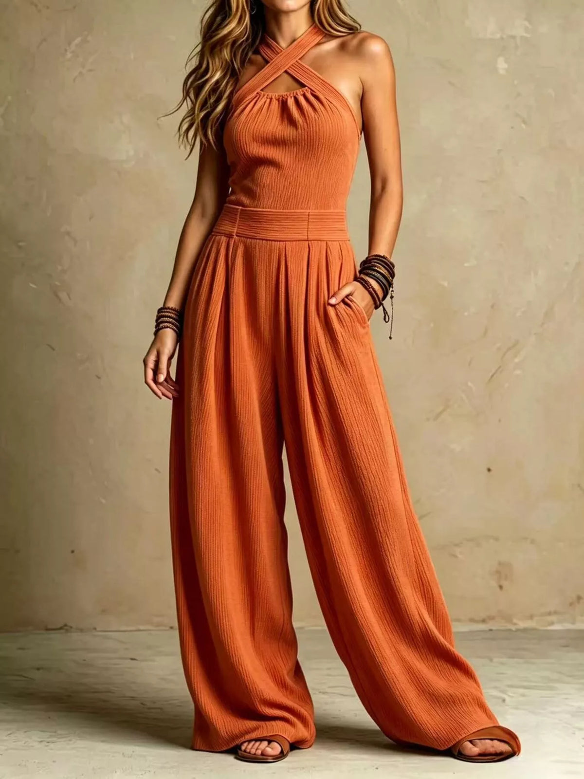 Full Size Halter Neck Wide-Leg Jumpsuit Plus Size in Orange