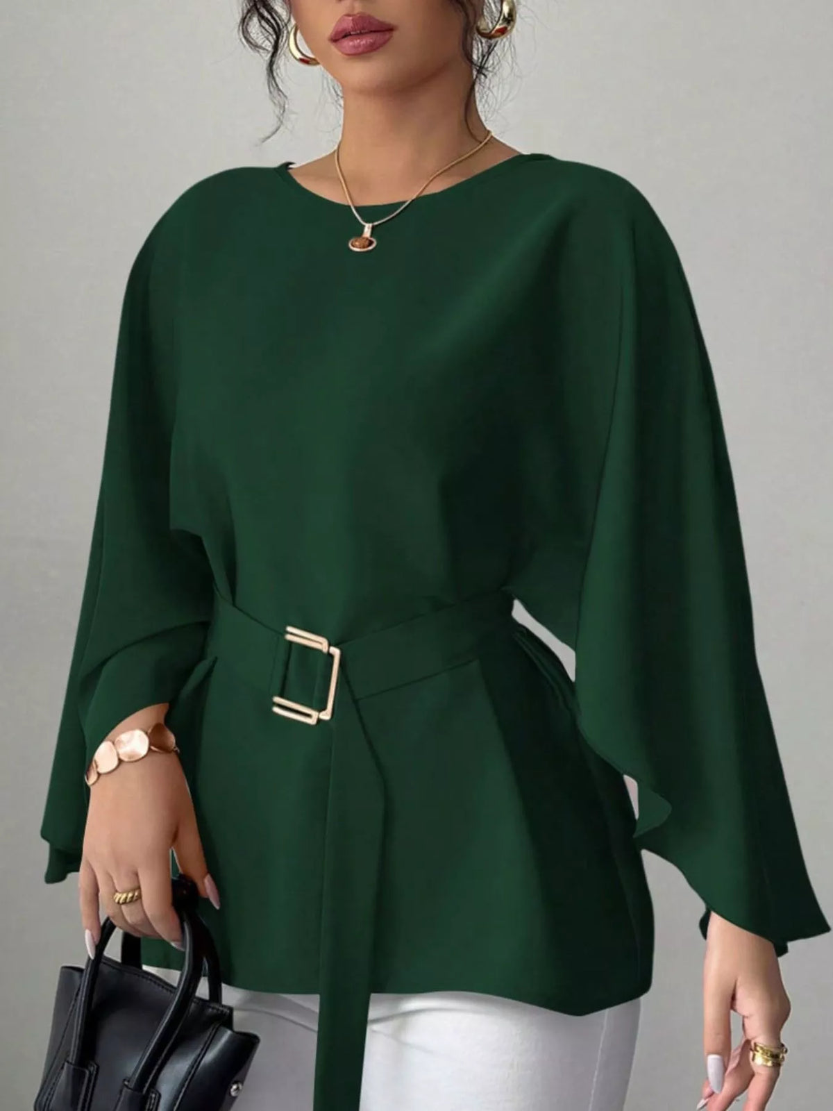 Round Neck Belt Batwing Sleeve Blouse - Lilixa.store