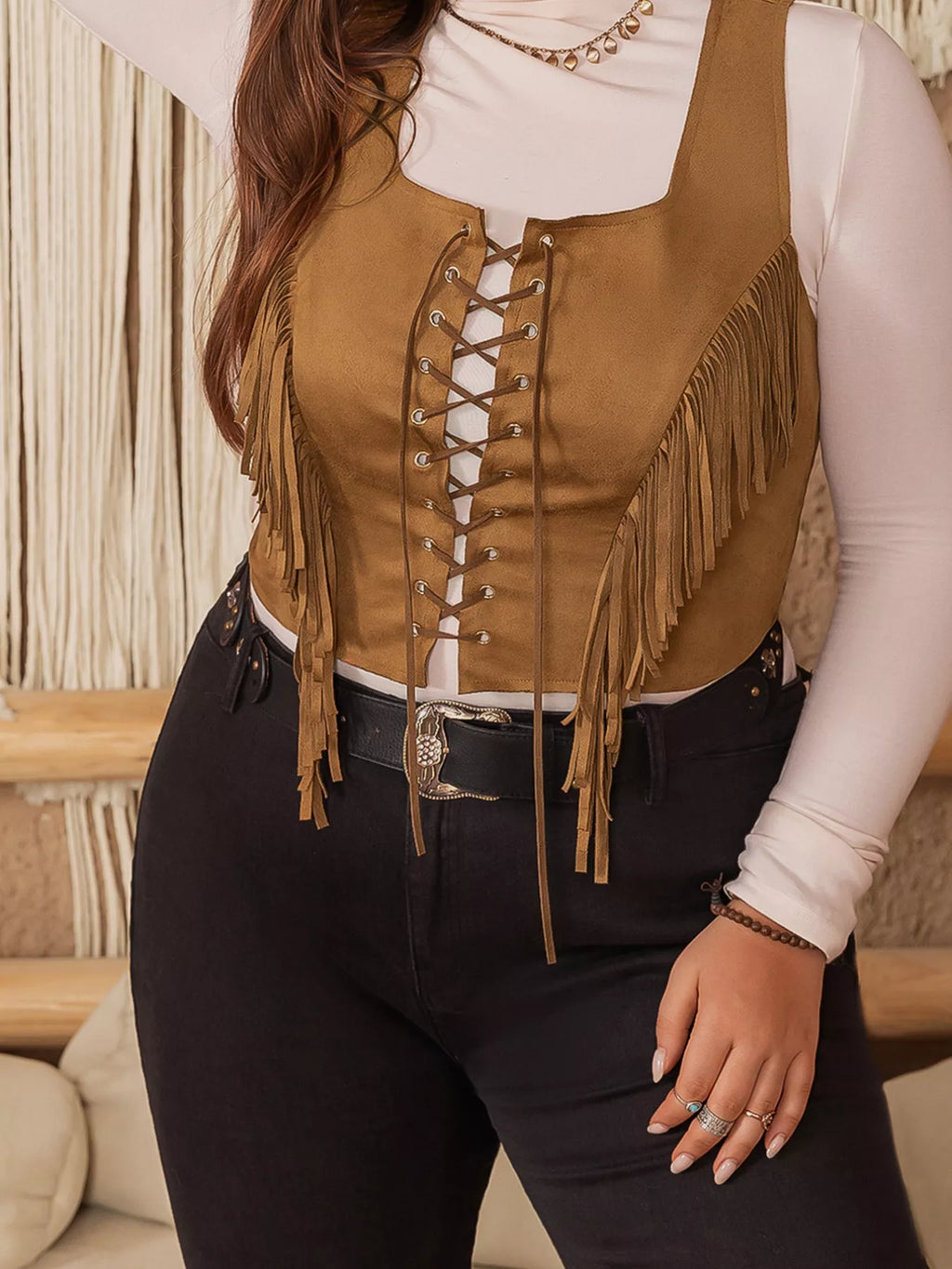 Plus Size Fringed Lace-Up Suede Vest - Lilixa.store