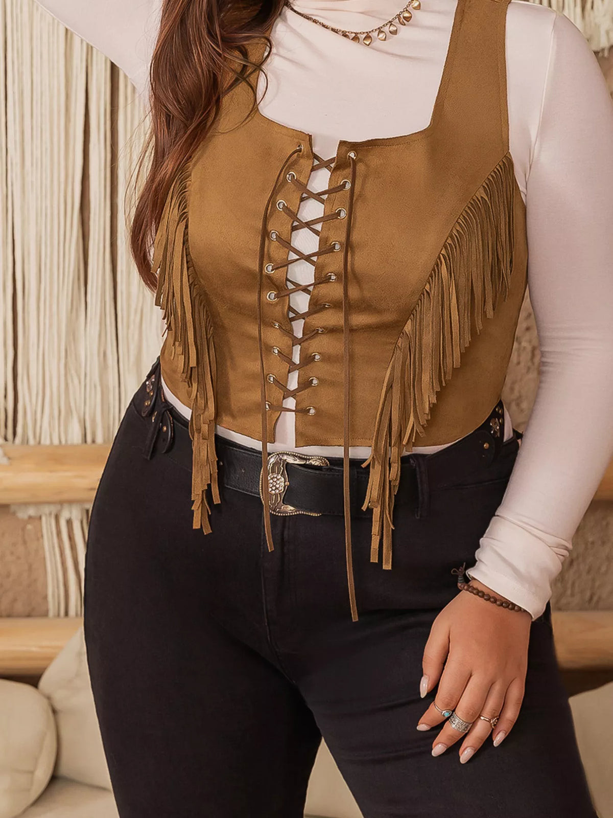 Plus Size Fringed Lace-Up Suede Vest