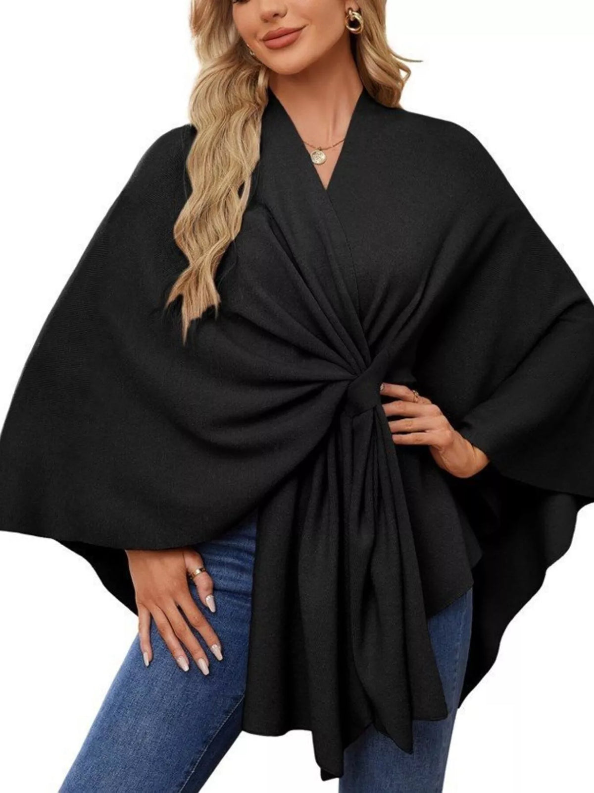 Solid Color Tie-Front Knit Cape Top in Black