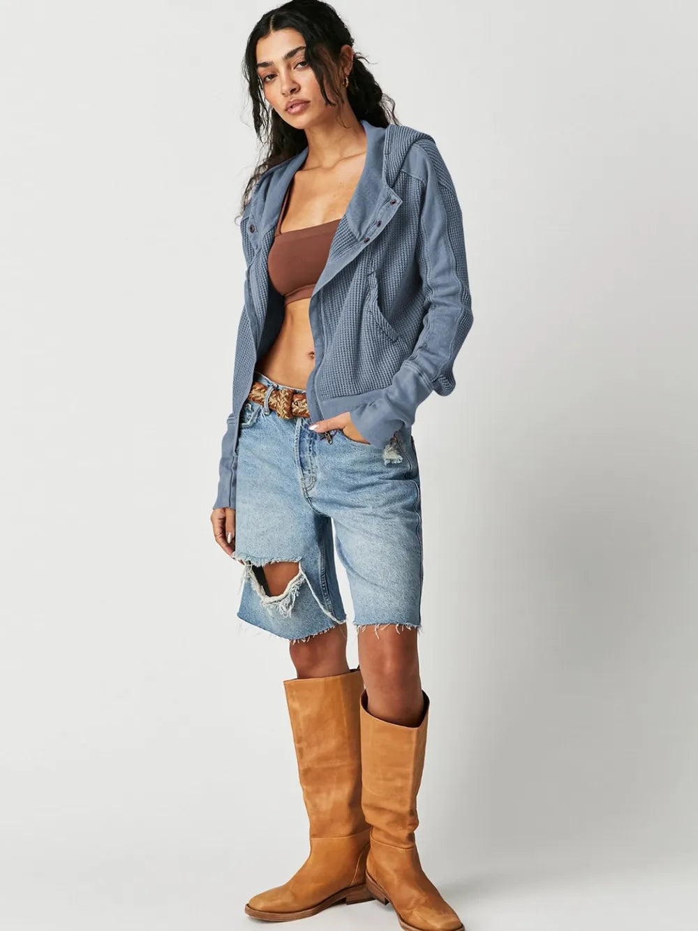 Waffle-Knit Dropped Shoulder Hooded Jacket, view 4