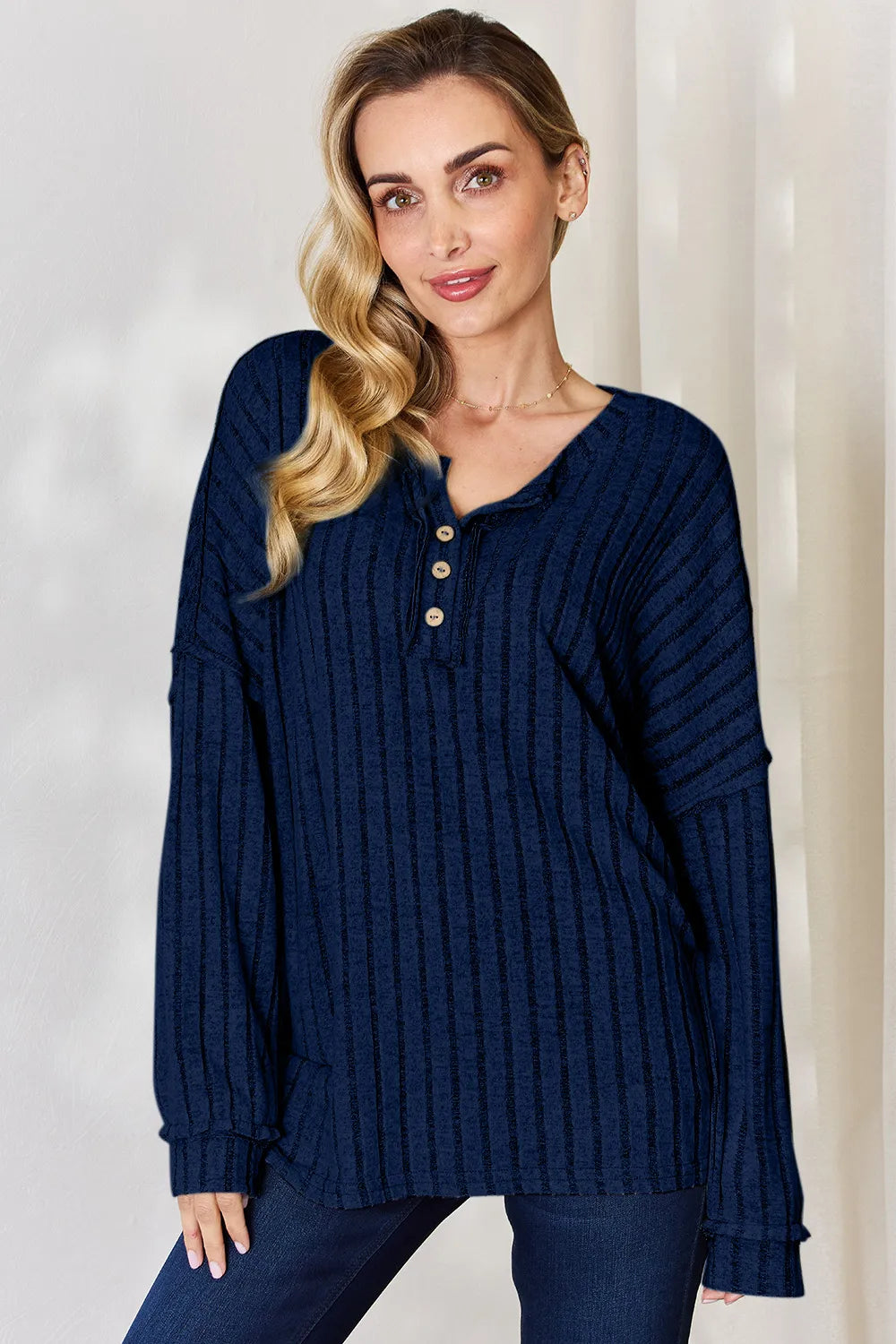 Basic Bae Full Size Ribbed Half Button Long Sleeve T-Shirt - Lilixa.store