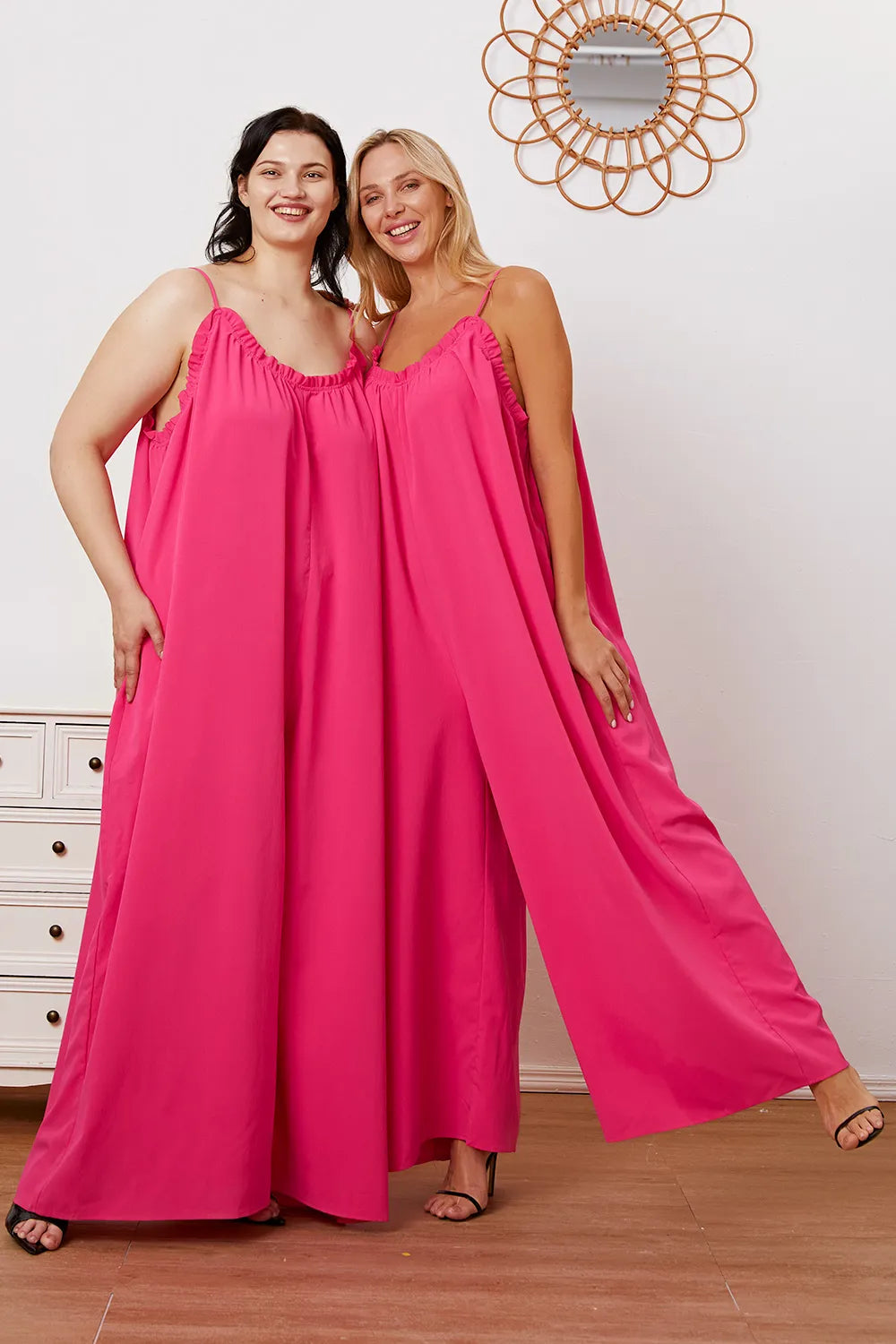Double Take Full Size Ruffle Trim Tie Back Cami Jumpsuit with Pockets - Lilixa.store