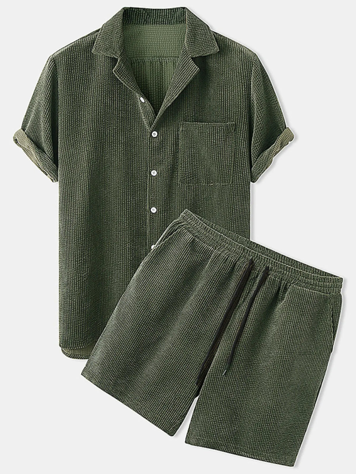 Men's Full Size Classic Textured Top and Shorts Set Plus Size in Army Green
