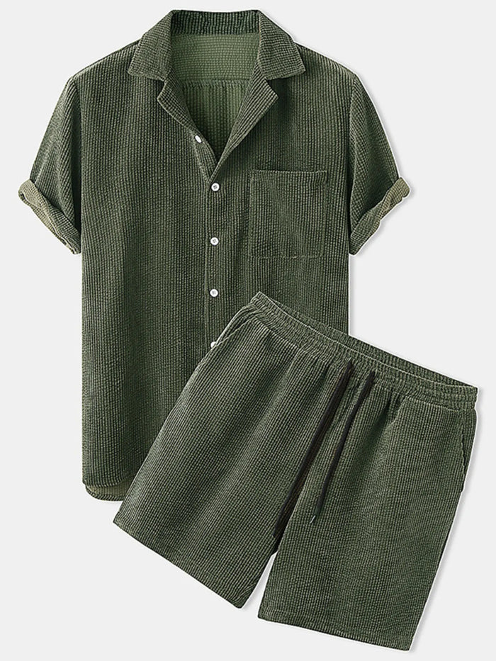 Men's Full Size Classic Textured Top and Shorts Set Plus Size in Army Green