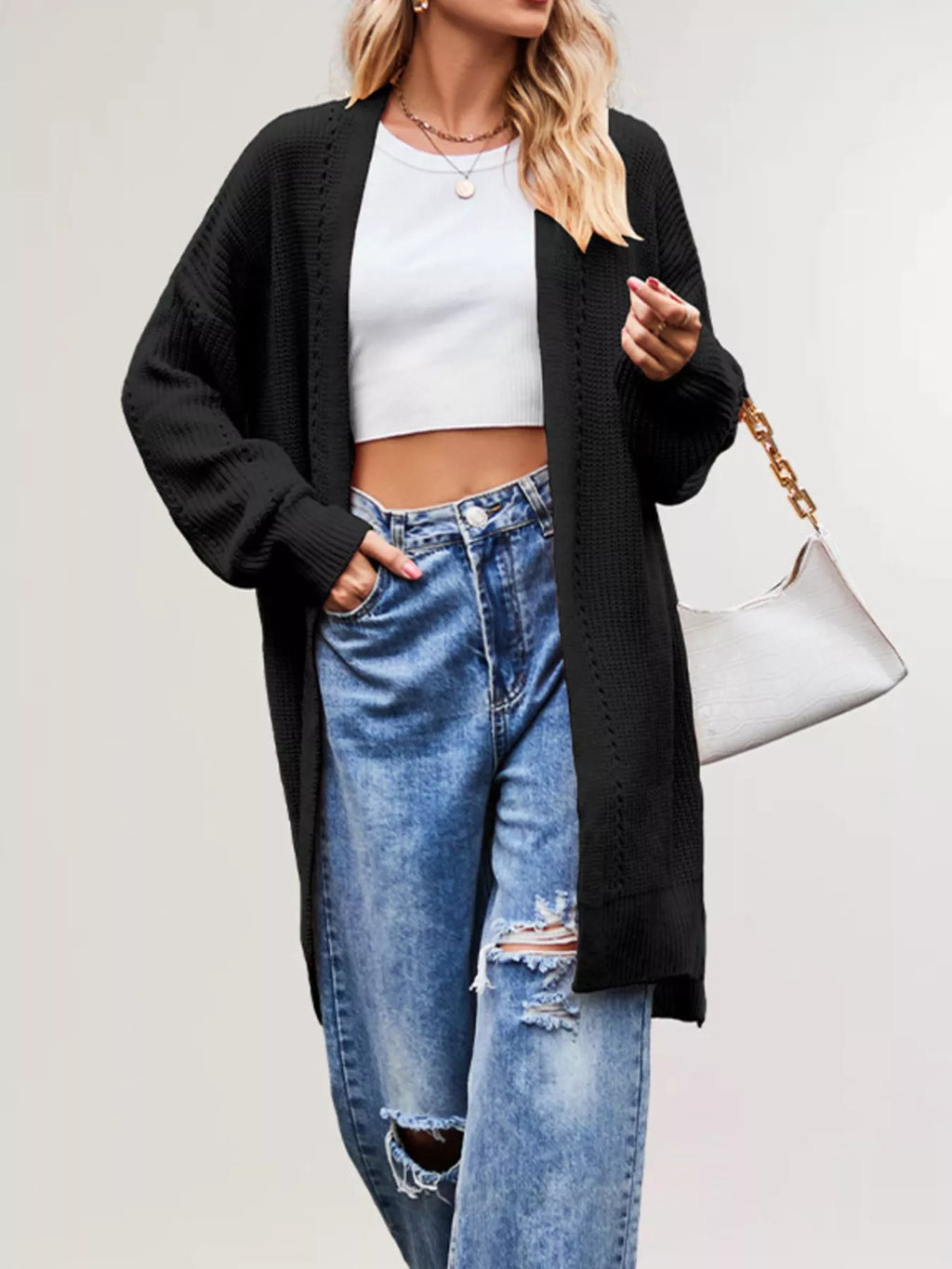Open Front Openwork Knit Longline Cardigan - Lilixa.store