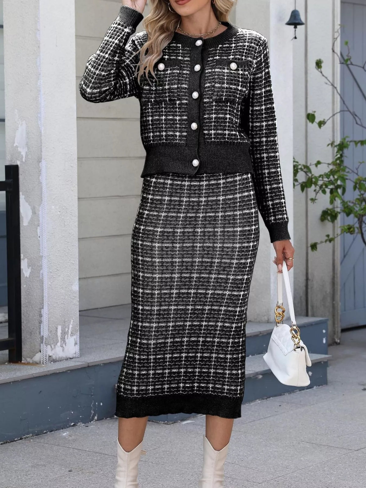 Plaid Knit Cardigan and Midi Skirt Sweater Set