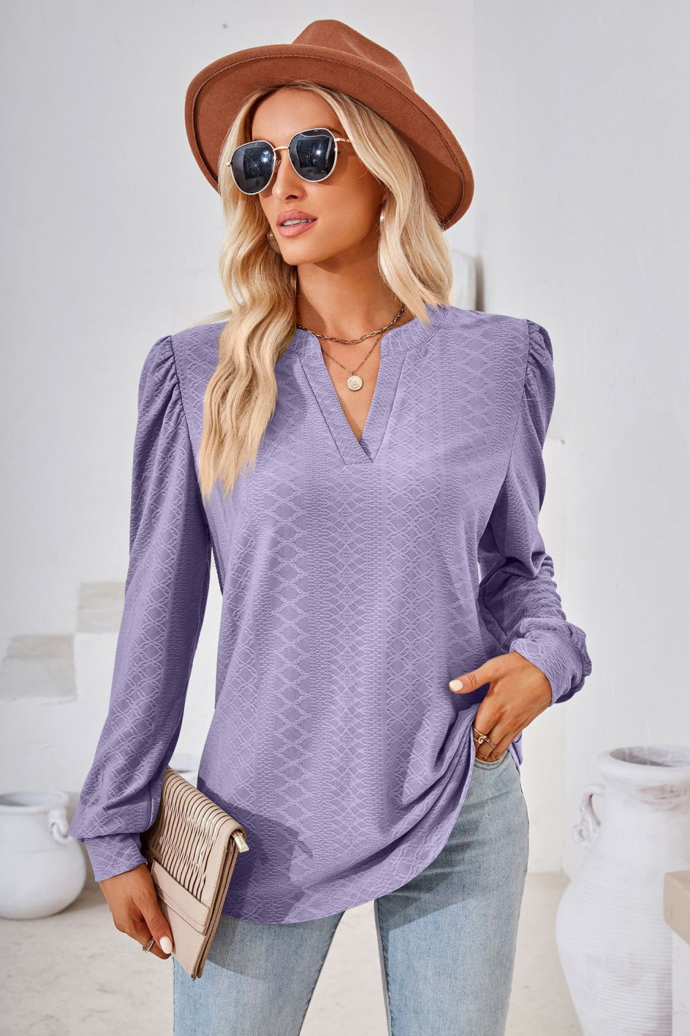 V-Neck Puff Sleeve Blouse, view 3