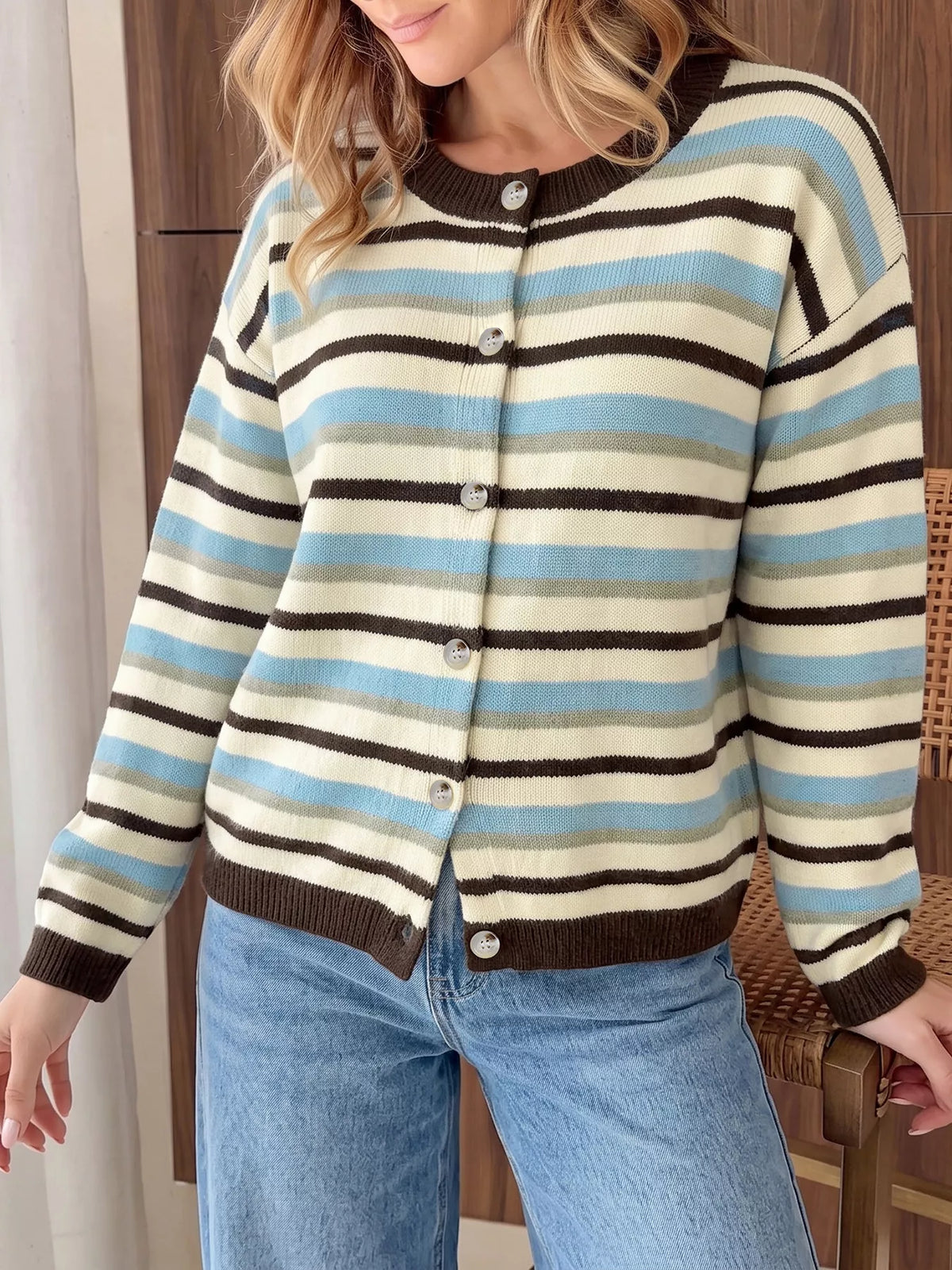 Striped Crew Neck Button-Down Cardigan - Lilixa.store