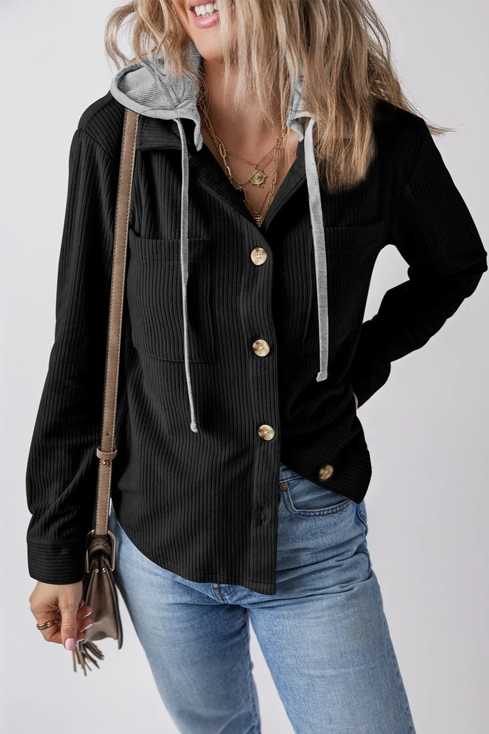 Drawstring Button Up Long Sleeve Hooded Jacket in Black