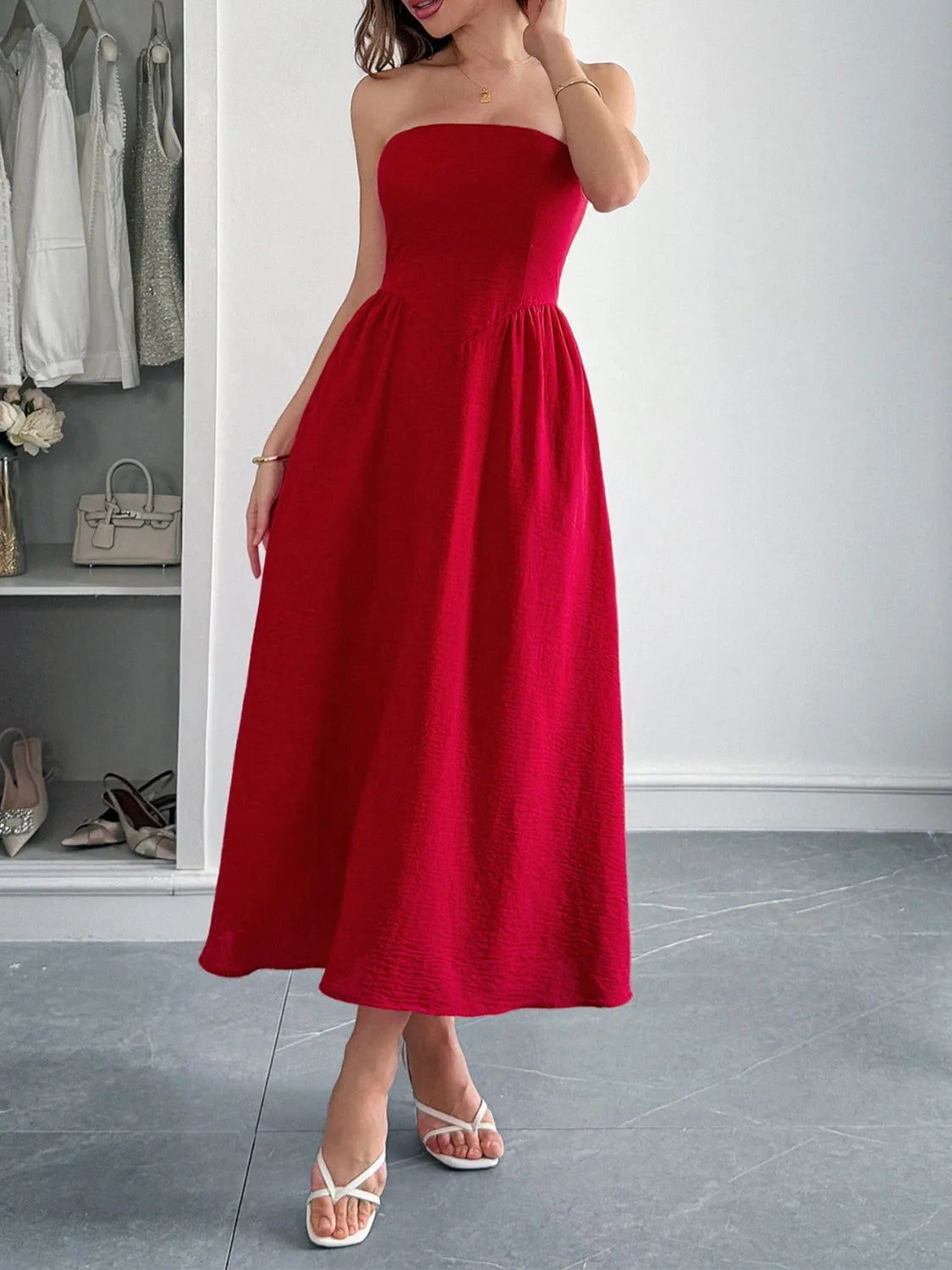 Strapless A-Line Midi Dress with Pockets - Lilixa.store