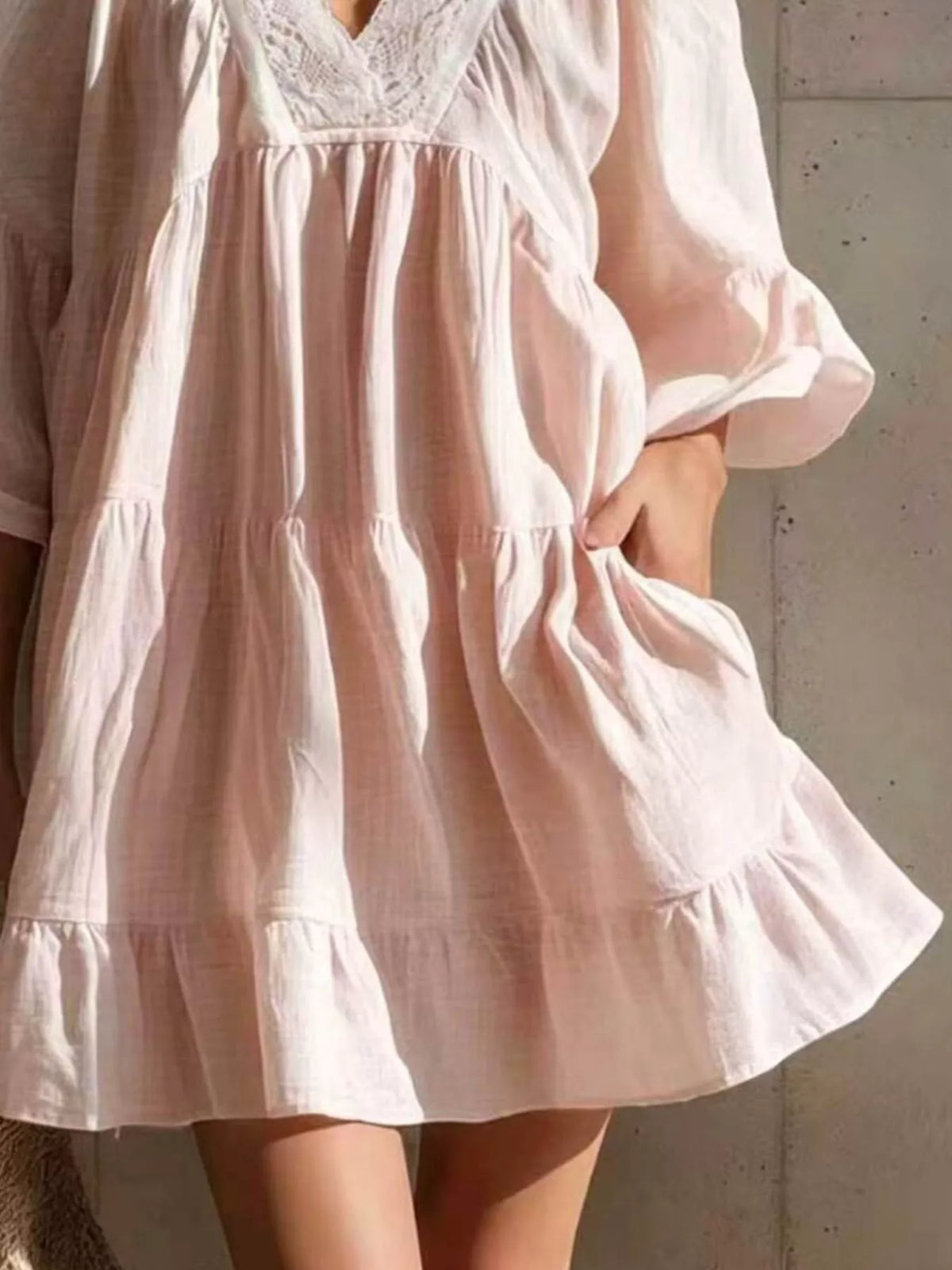 Full Size Lace Trim Puff Sleeve Mini Dress Plus Size