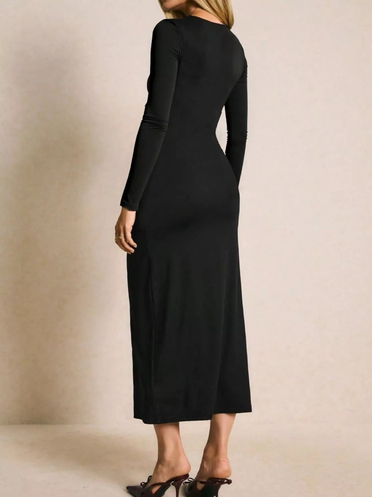 Ruched Slit Long-Sleeve Bodycon Dress - Lilixa.store