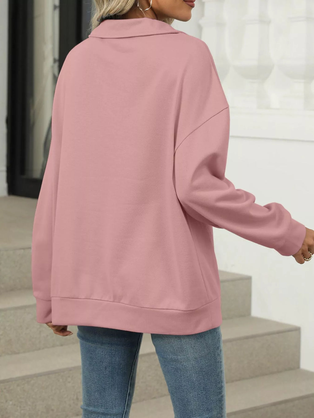 Johnny Collar Drop Shoulder Long Sleeve Sweatshirt - Lilixa.store