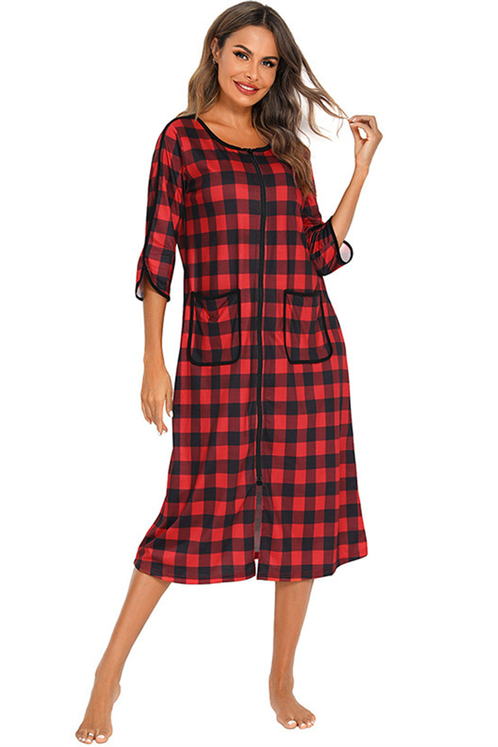 Round Neck Three-Quarter Sleeve Midi Night Dress - Lilixa.store