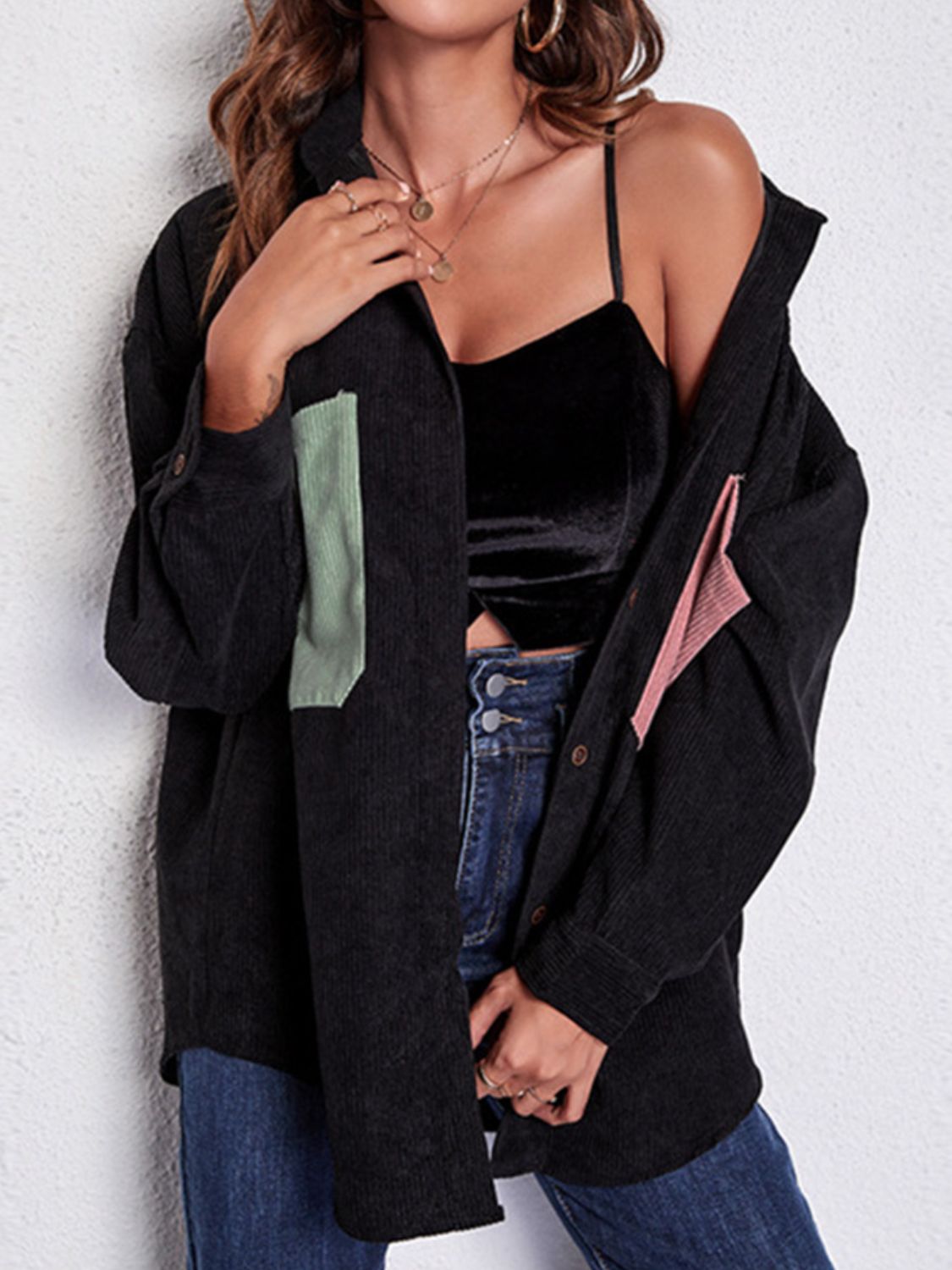 Patch Pocket Dropped Shoulder Shirt Jacket in Black, view 3