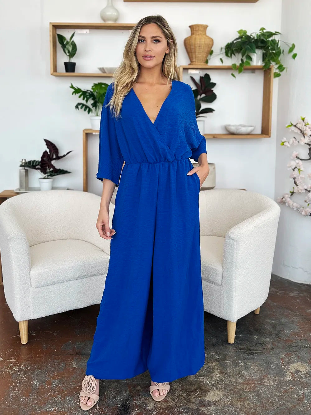Double Take Full Size Surplice Wide Leg Jumpsuit with Pockets - Lilixa.store