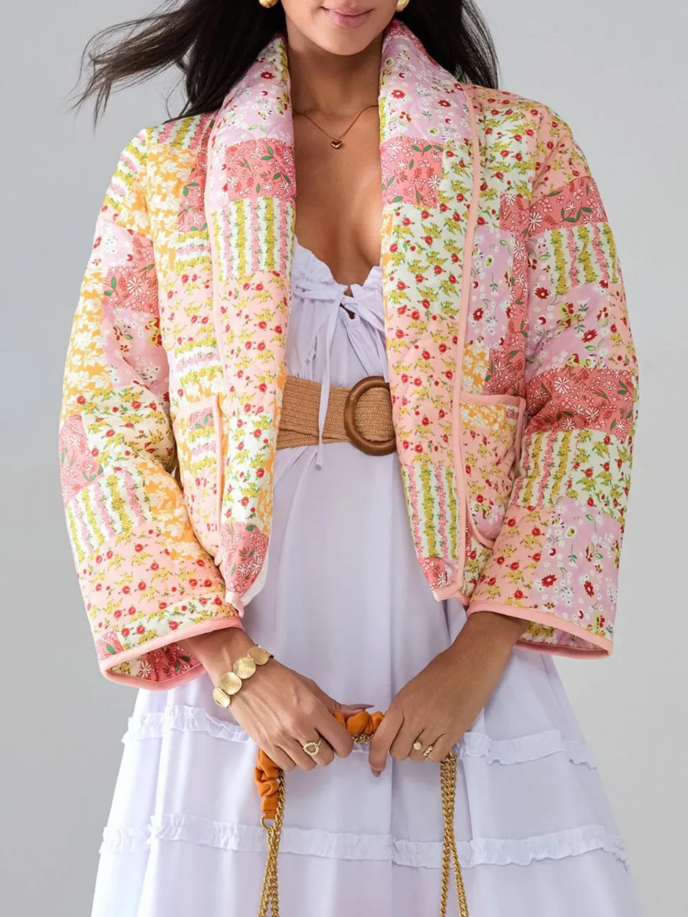 Printed Patchwork Open Front Cardigan with Pockets, view 7