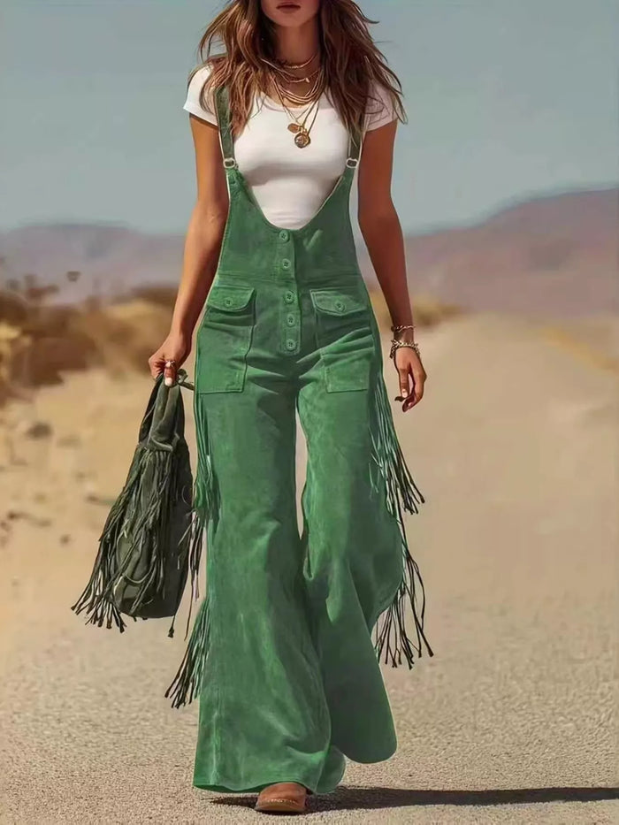 Fringe Detail Flare Leg Overalls in Army Green