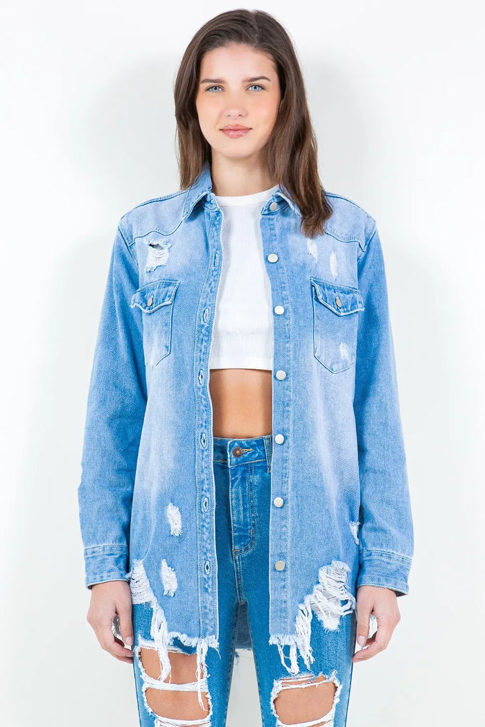 American Bazi Frayed Hem Distressed Denim Shirt Jacket - Lilixa.store
