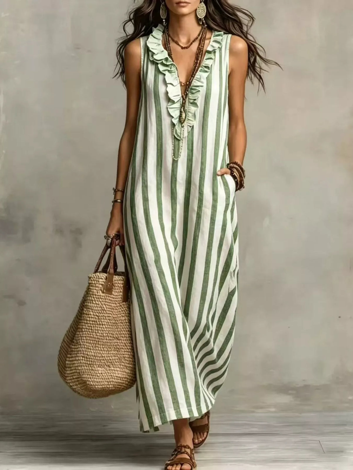 Full Size Sleeveless Striped Ruffle V-Neck Maxi Dress Plus Size - Lilixa.store