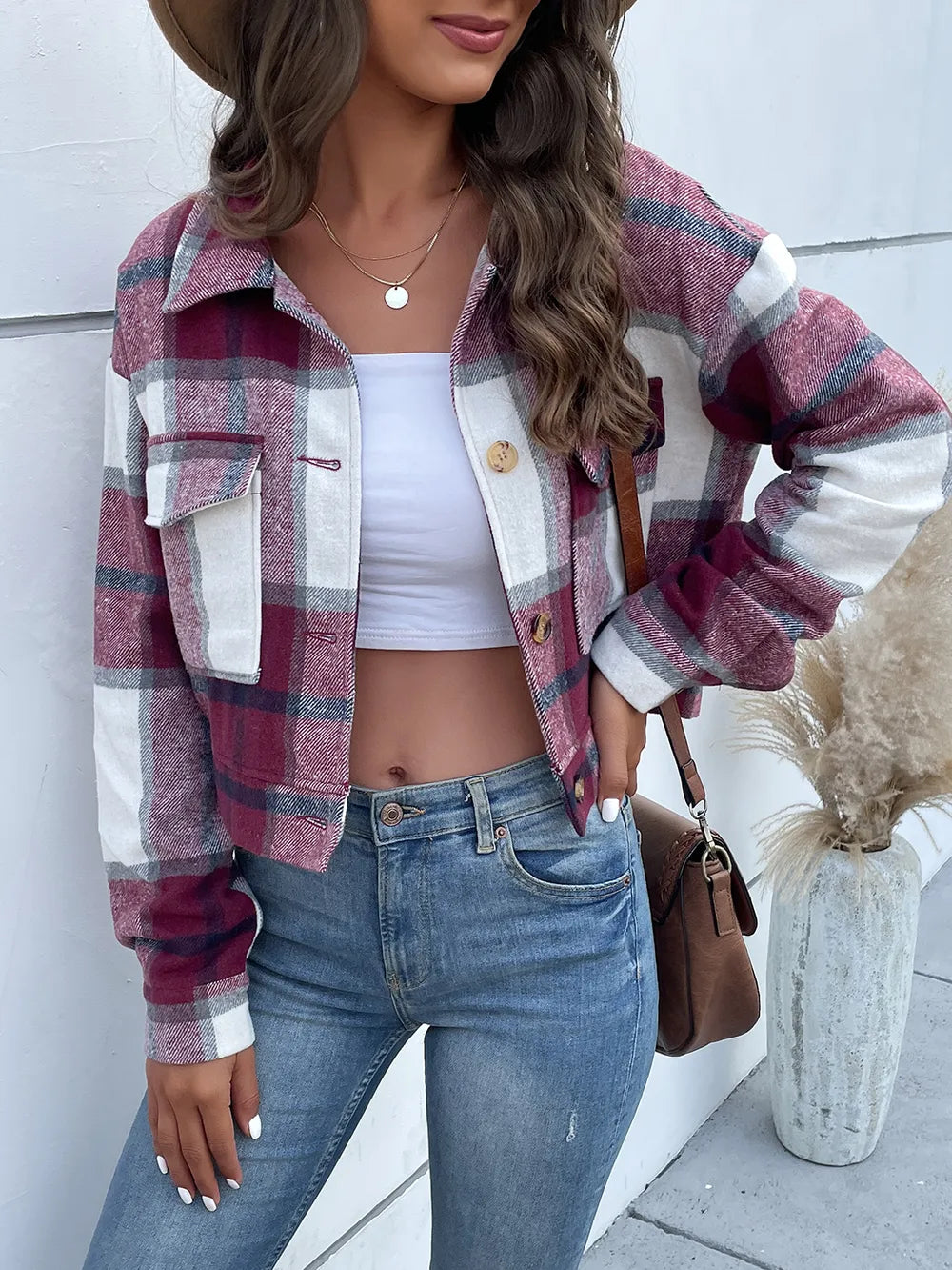 Perfee Plaid Button Up Drop Shoulder Cropped Jacket, view 21