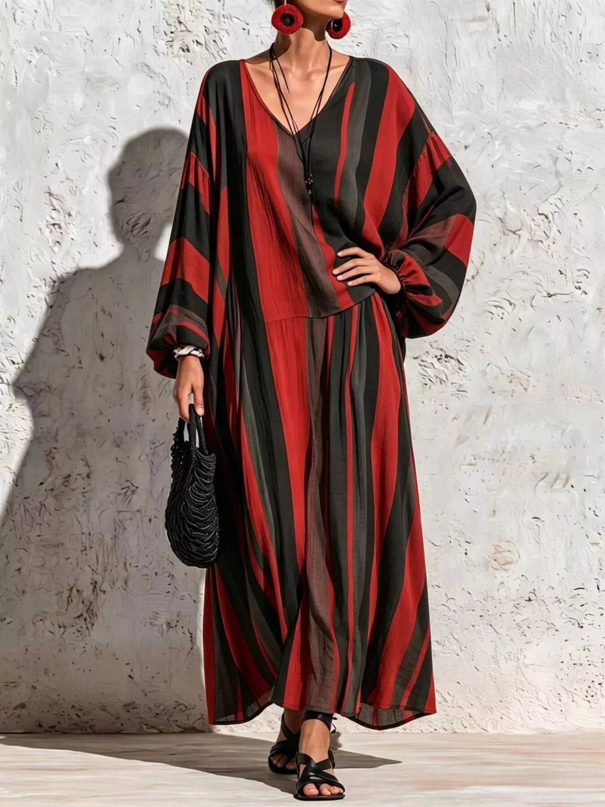 Bohemian Striped V-Neck Loose Top and Wide Leg Pants Set in Burgundy