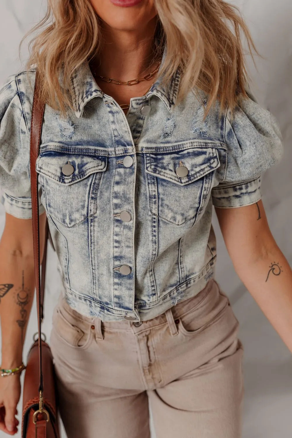 Wash Buttoned Chest Pocket Puff Sleeve Denim Jacket, view 5