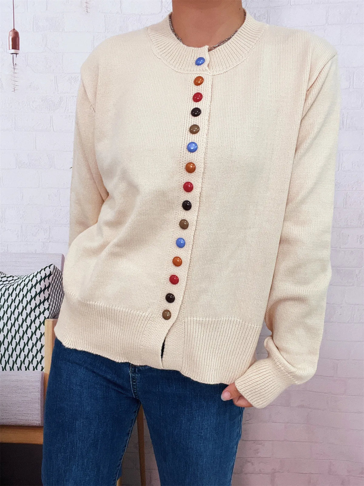 Button-Front Cardigan with Colorful Detail Buttons - Lilixa.store