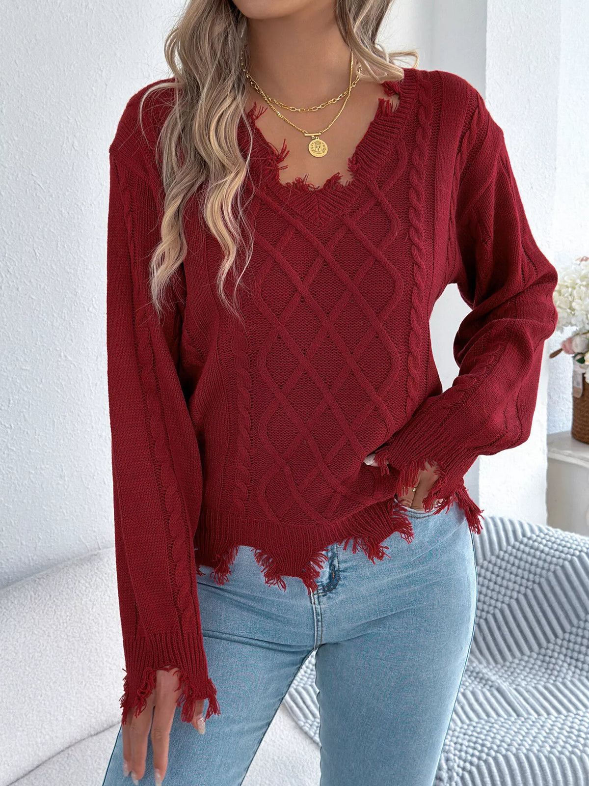 V-Neck Distressed Hem Cable Knit Sweater