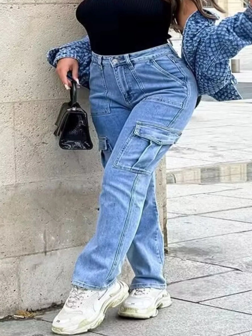 Full Size Light Wash Cargo Jeans with Multiple Pockets Plus Size - Lilixa.store