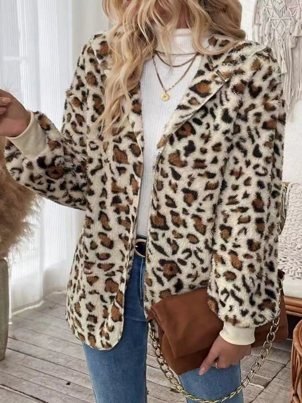 Leopard Print Fuzzy Zip Up Outerwear - Lilixa.store