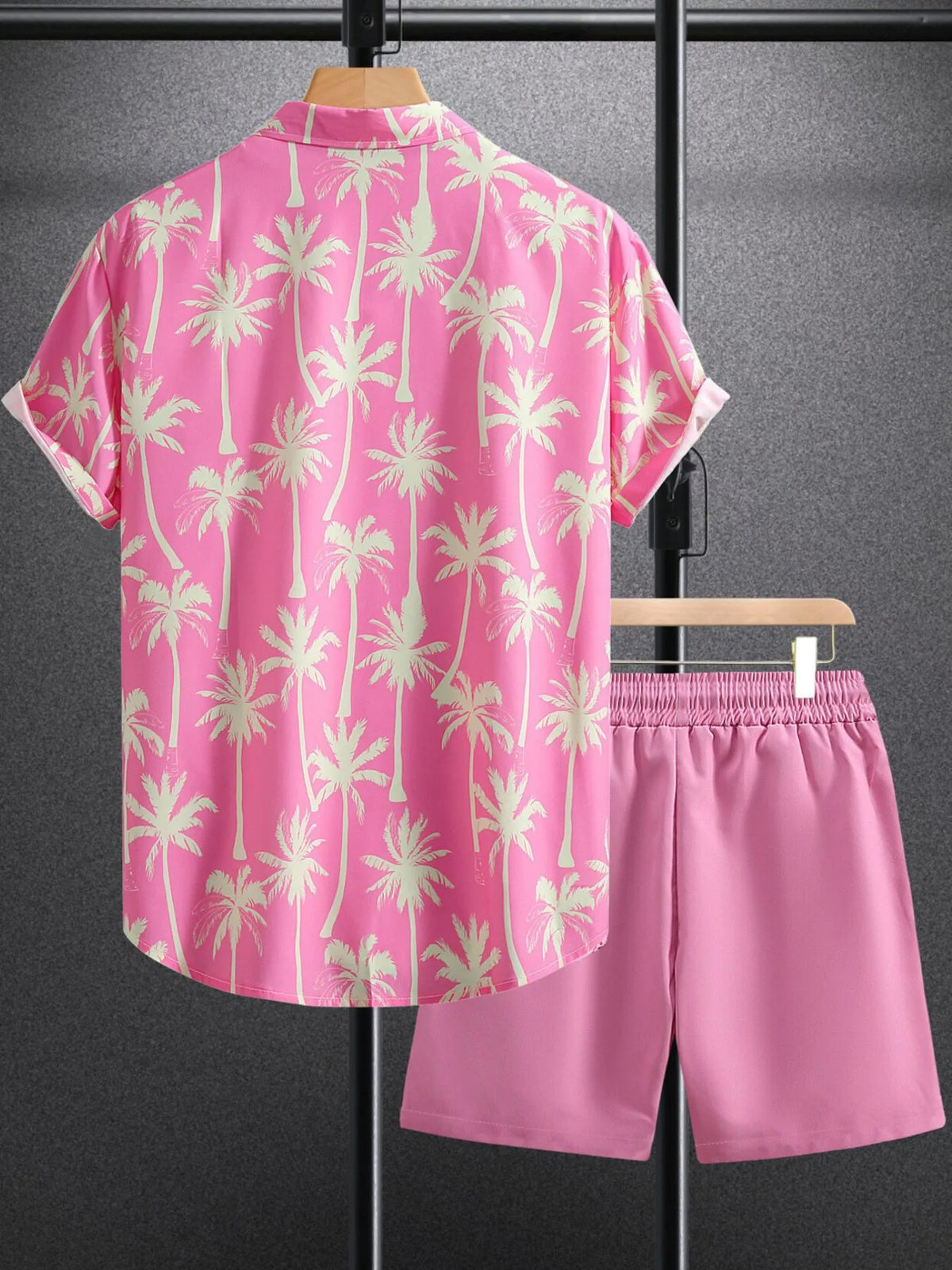 Men's Palm Tree Print Top and Shorts Summer Set in Dusty Pink, view 2
