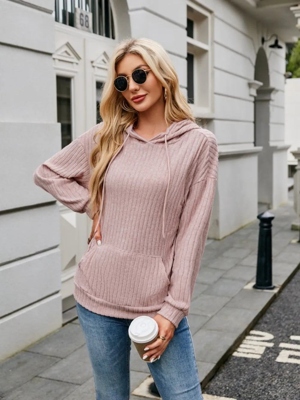 Ribbed Drawstring Long Sleeve Hoodie - Lilixa.store