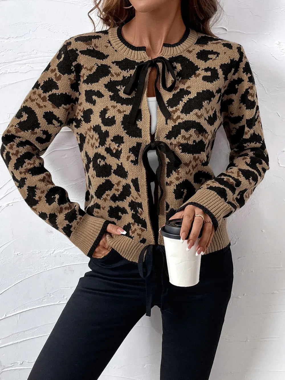 Perfee Tied Leopard Long Sleeve Cardigan in Tan, view 6