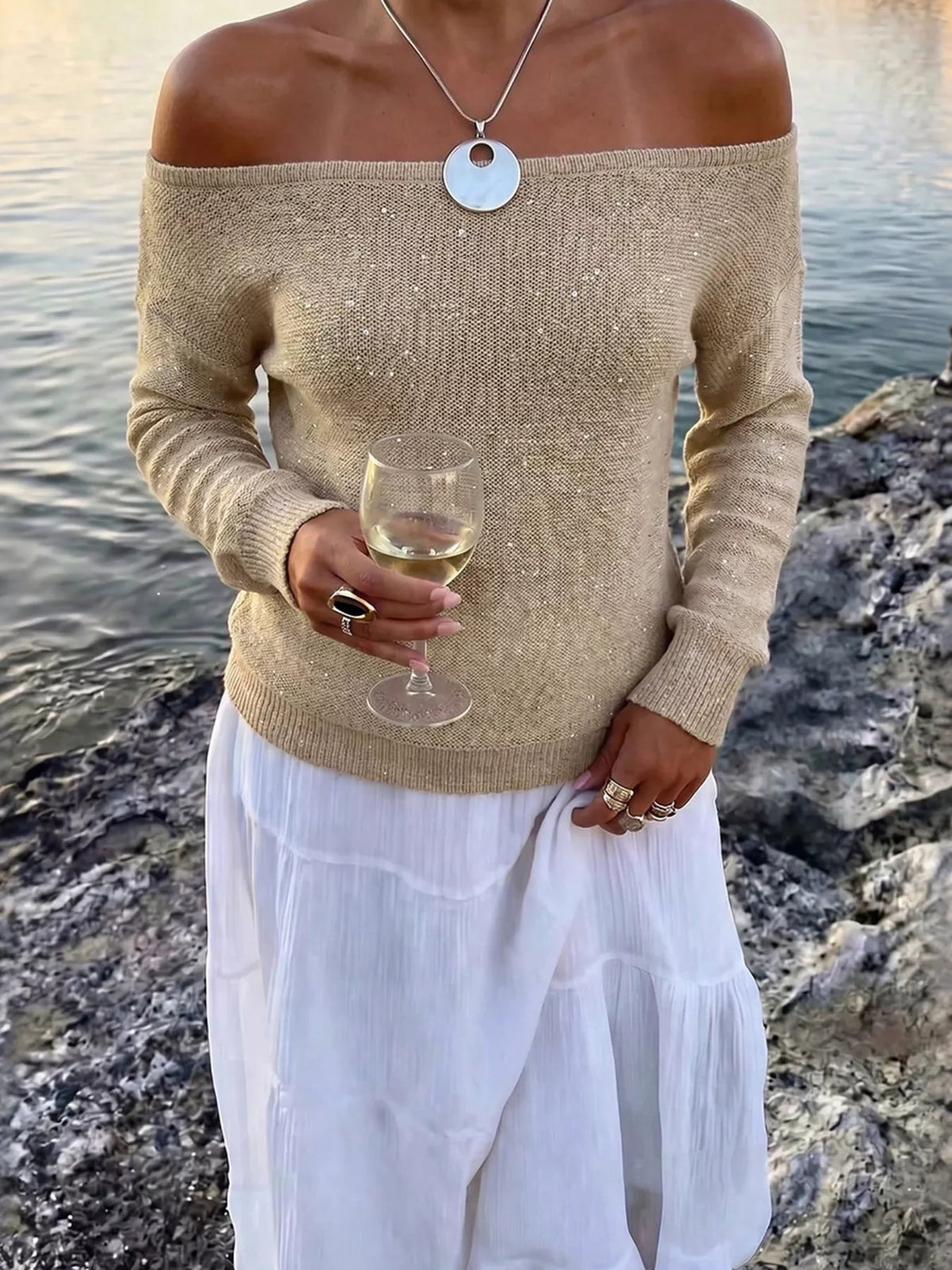 Sequin Off-Shoulder Sweater - Lilixa.store