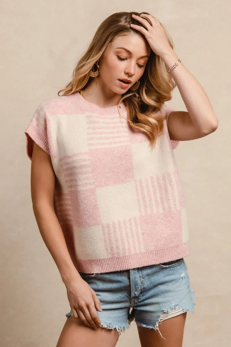 BiBi Checker With Stripes Pattern Sleeveless Sweater in Blush/Ivory, view 11