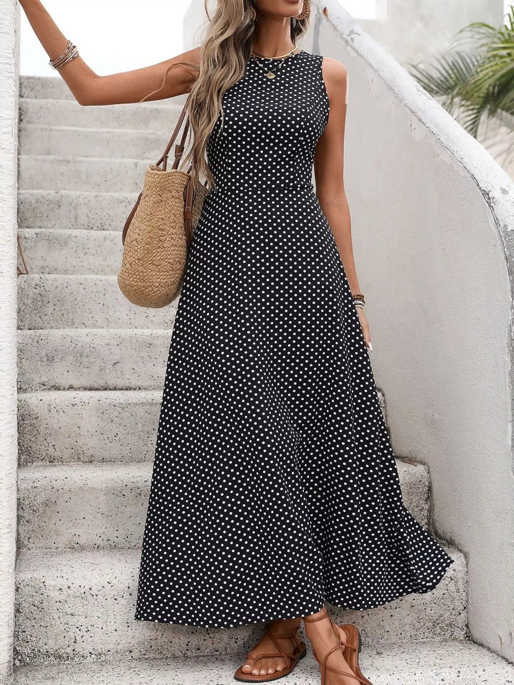 Sleeveless Polka Dot Maxi Dress, view 3