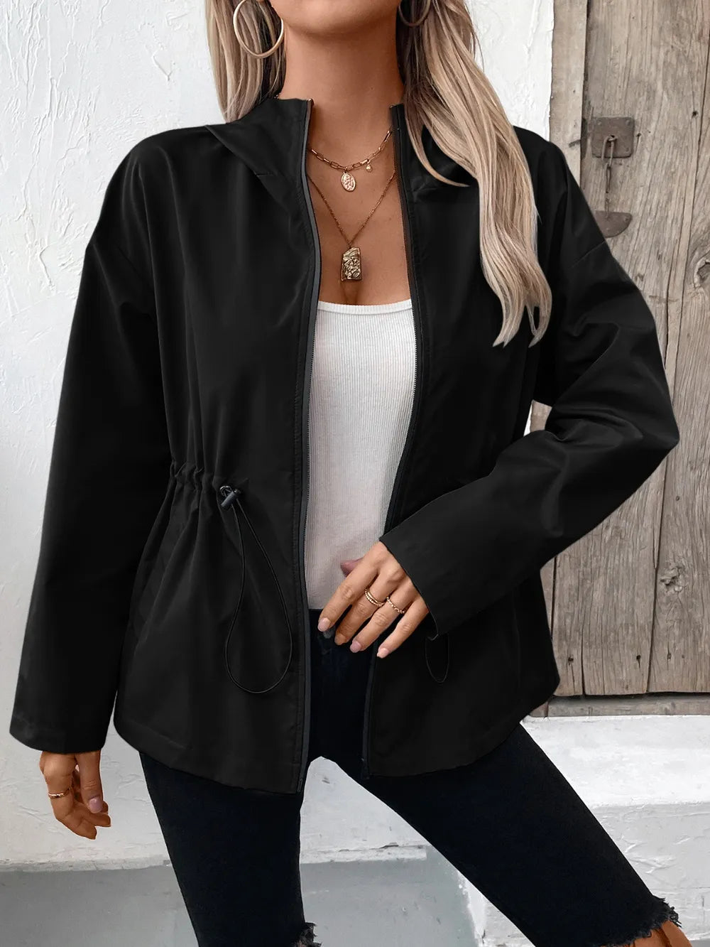 Ivy Lane Drawstring Zip Up Hooded Jacket in Black