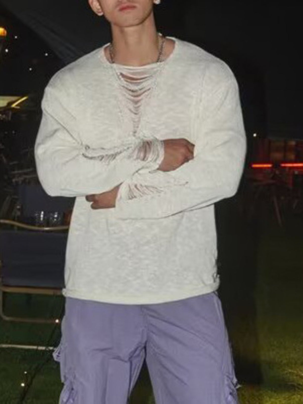 Men's Full Size Distressed Long Sleeve Sweater Plus Size