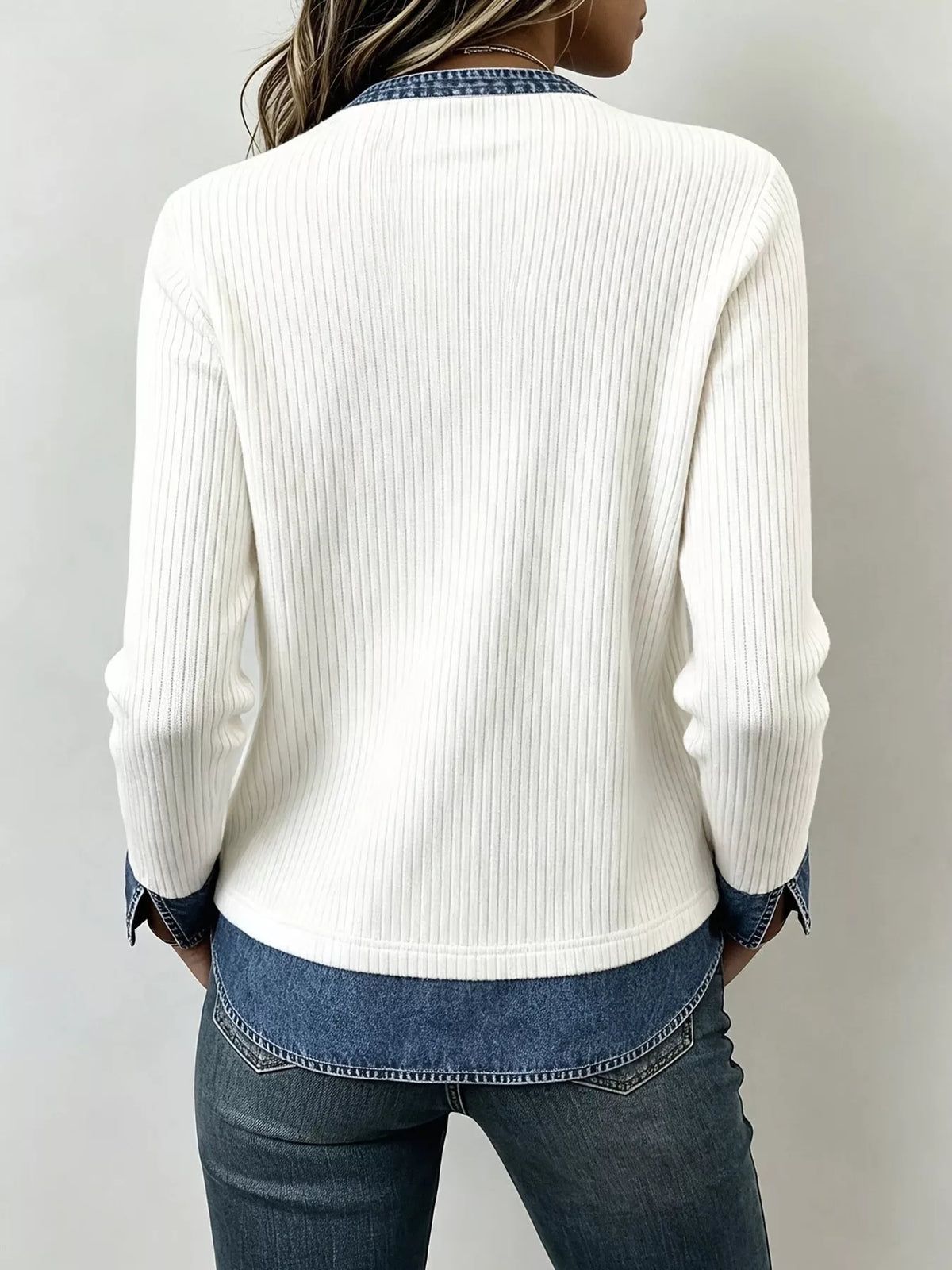 Denim Trim V-Neck Ribbed Knit Top
