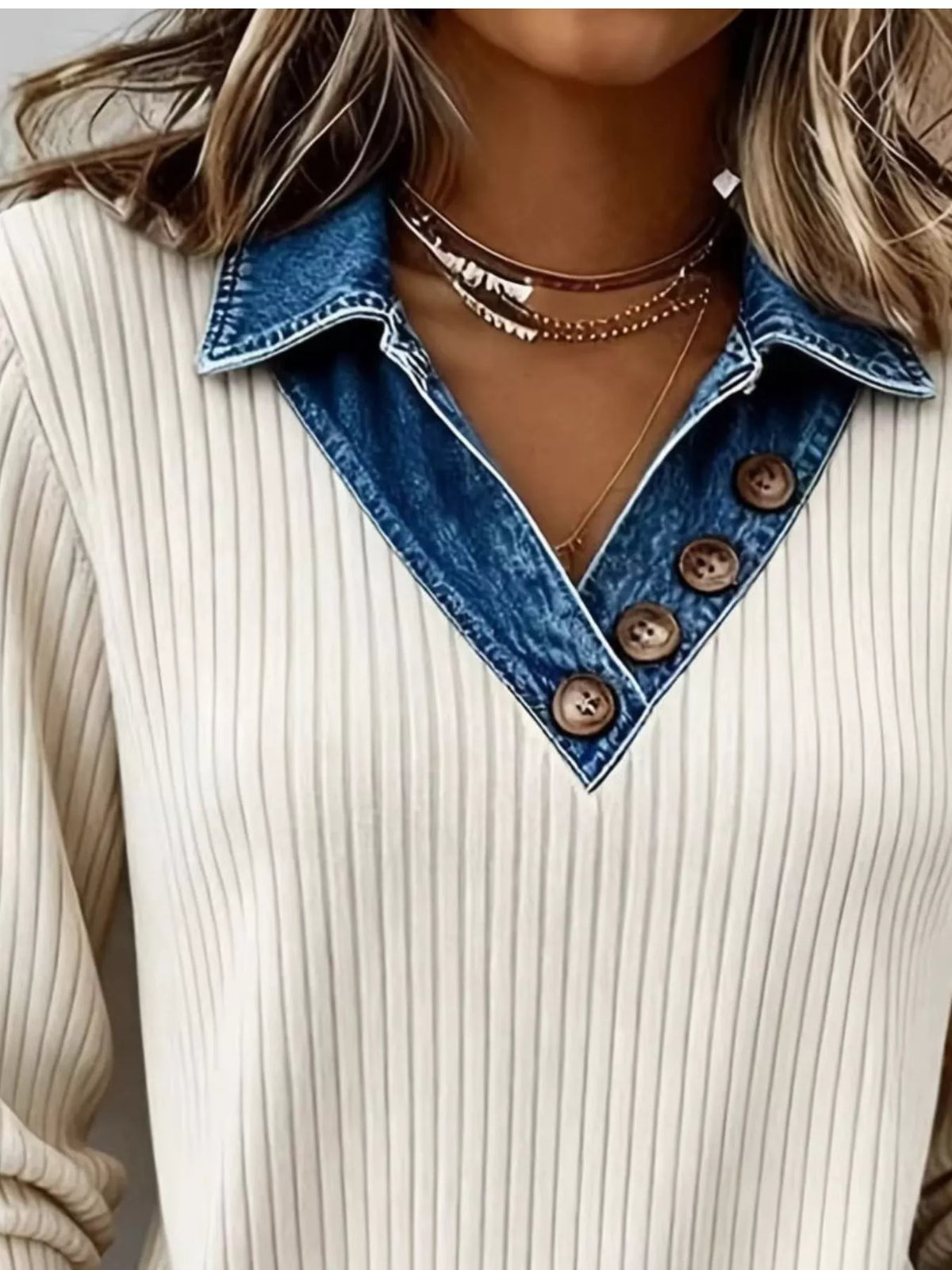 Denim Collar Ribbed Knit Top - Lilixa.store