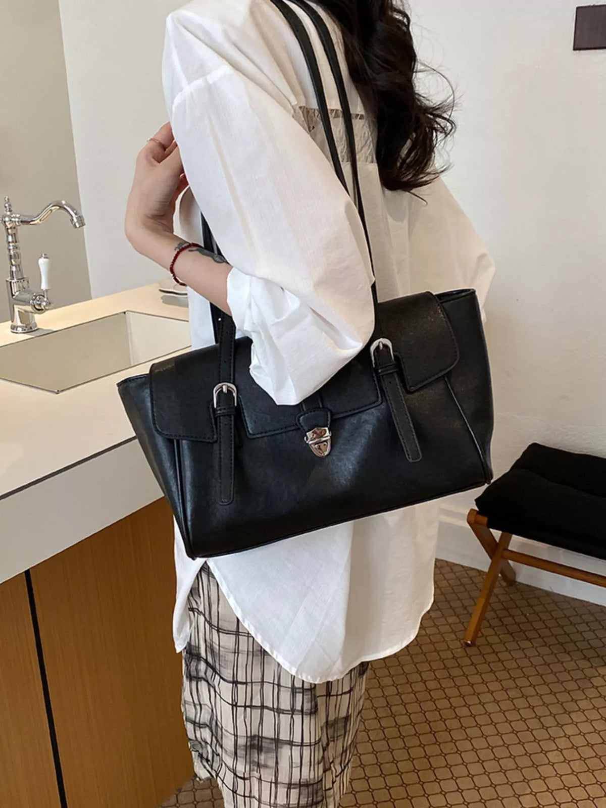 PU Leather Tote Bag with Buckle Detail