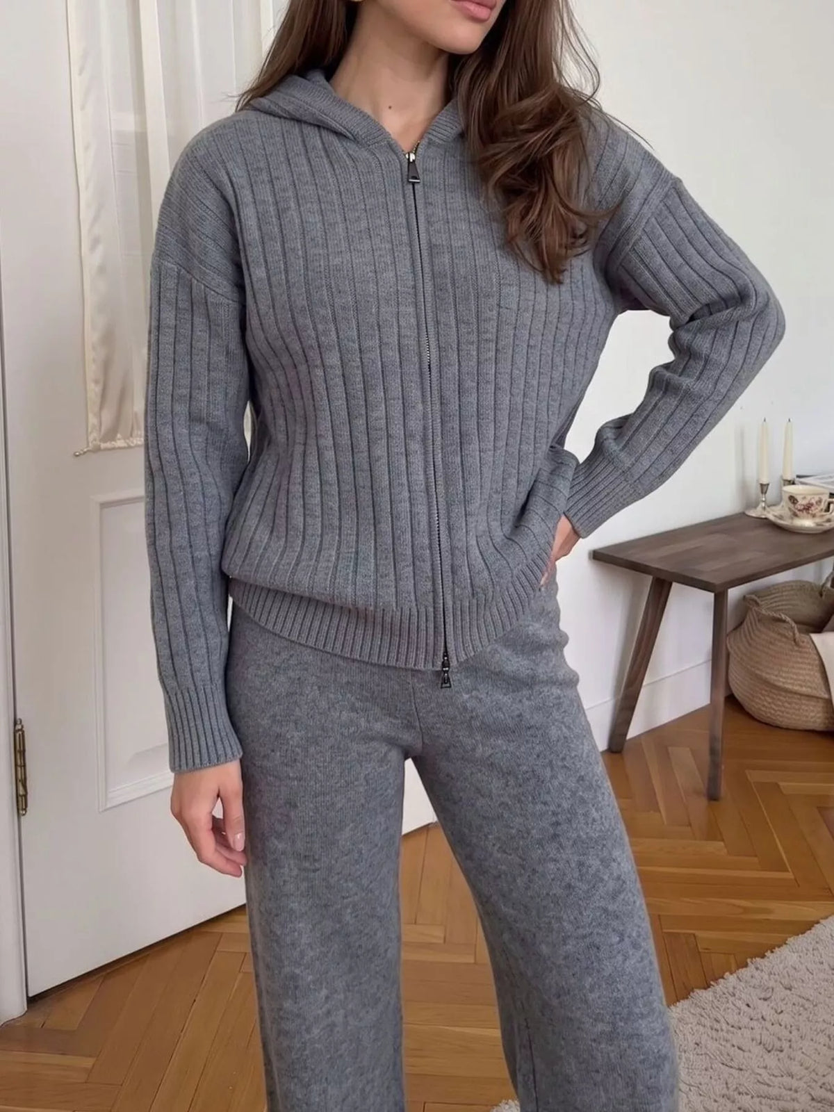 Cozy Ribbed Knit Zip-Up Hoodie and Wide-Leg Pants Sweater Set, view 9