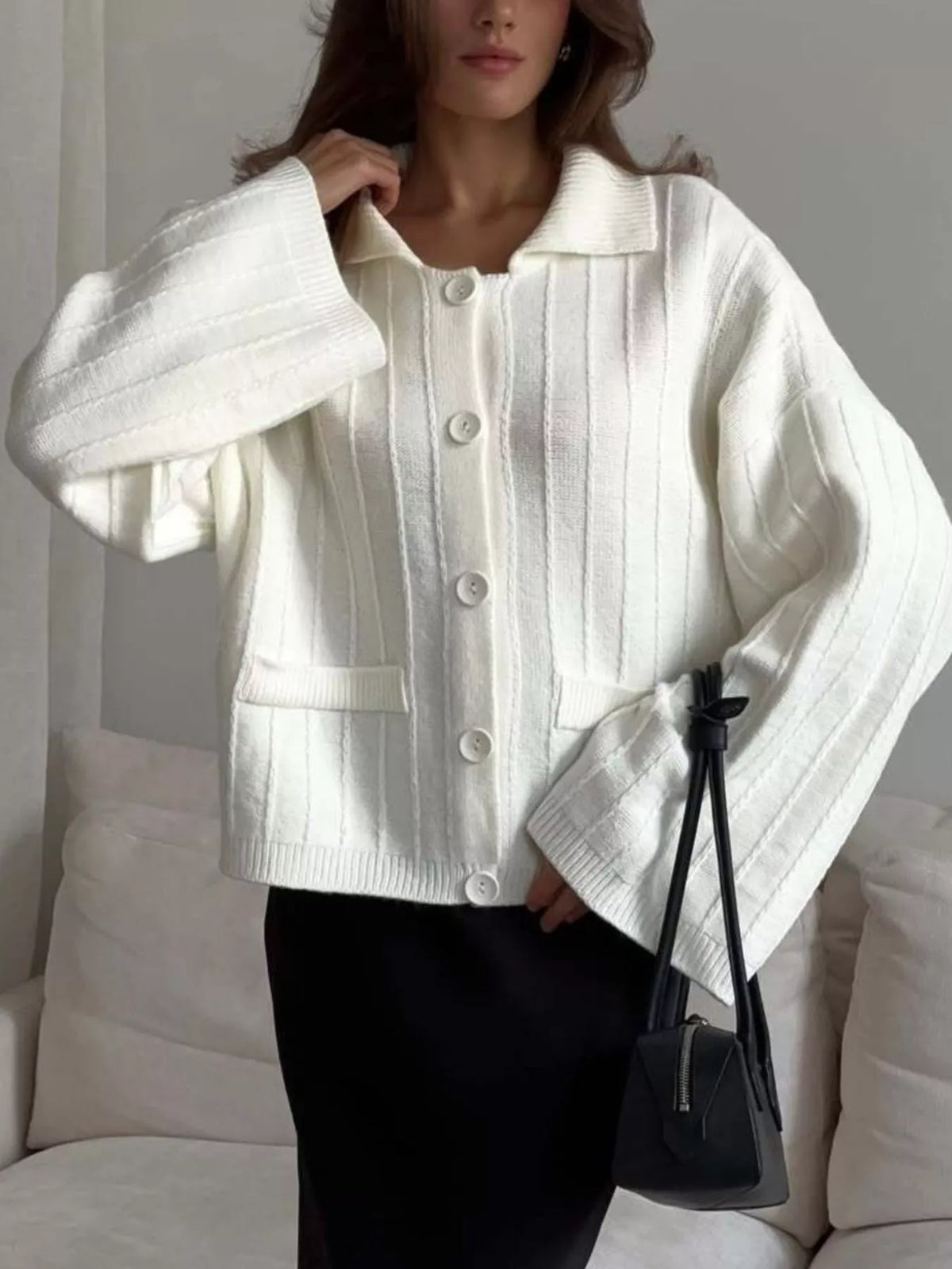 Texture Knit Cardigan with Wide Sleeves and Collar in White