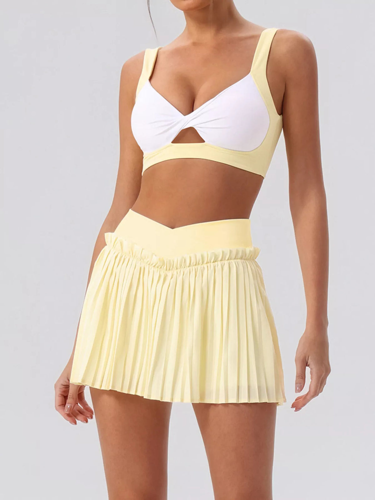 Sleeveless Top and Pleated Skirt Active Set in Light Yellow
