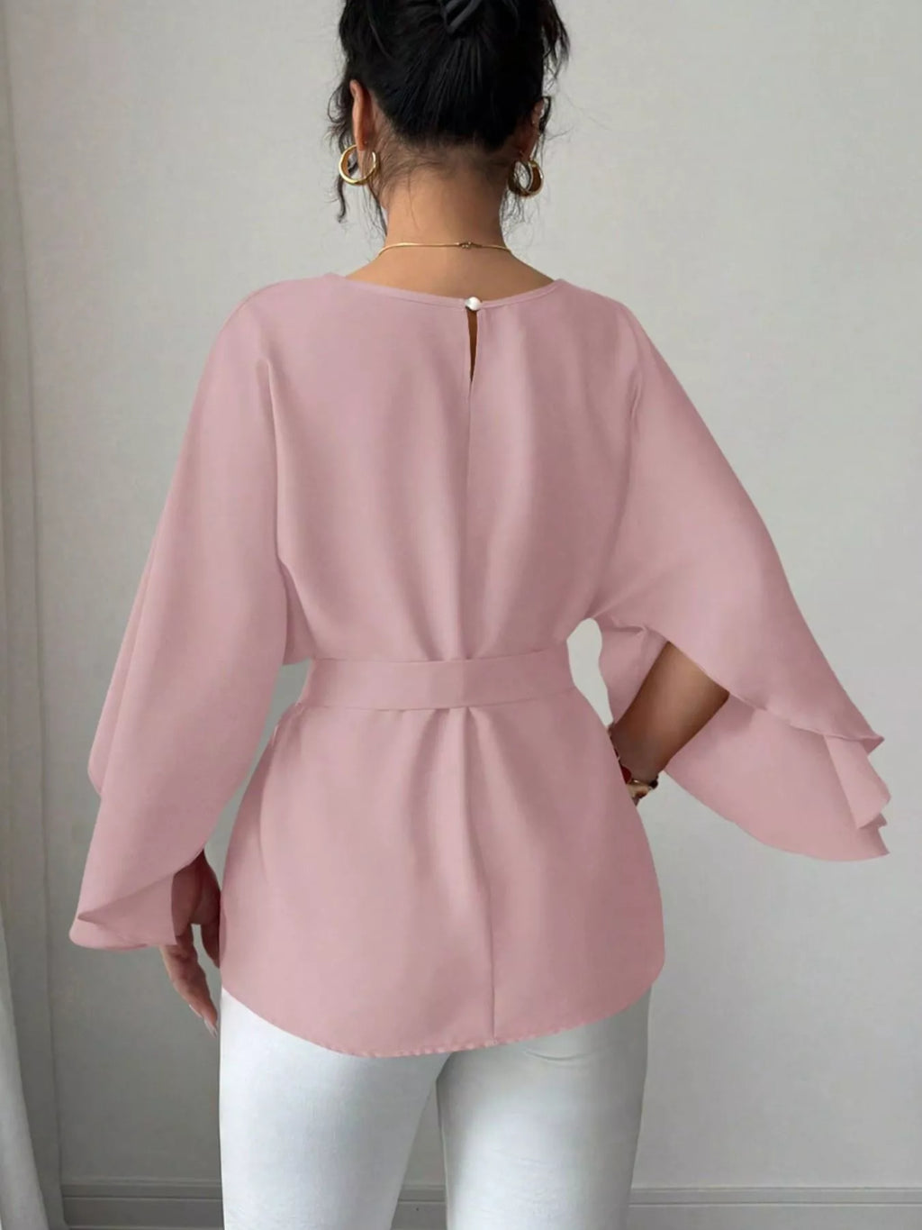 Round Neck Belt Batwing Sleeve Blouse - Lilixa.store