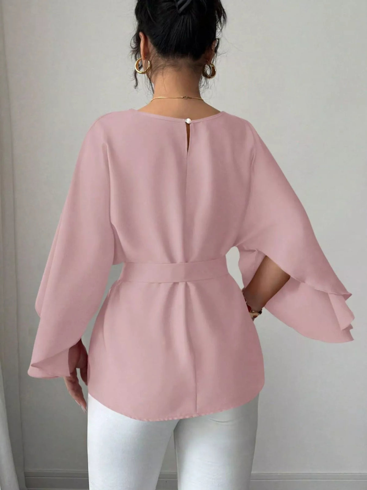 Round Neck Belt Batwing Sleeve Blouse - Lilixa.store